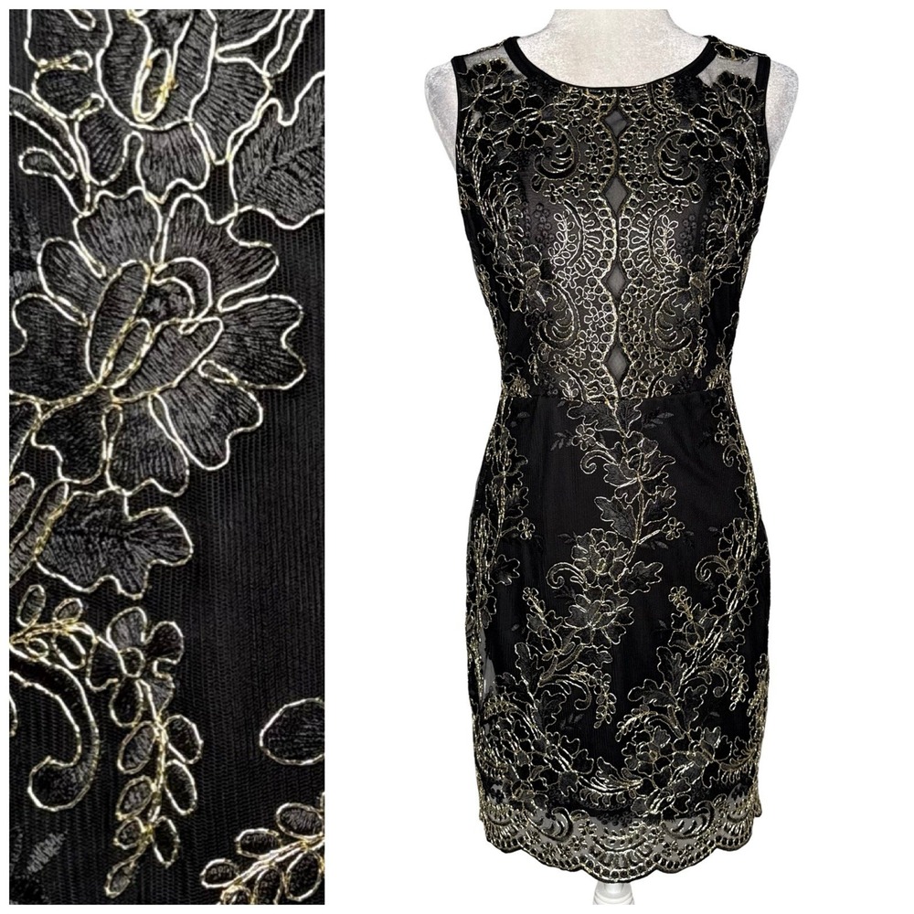 Express Floral Embroidered Dress Size 2 Black Gold Silver Party Cocktail Mini